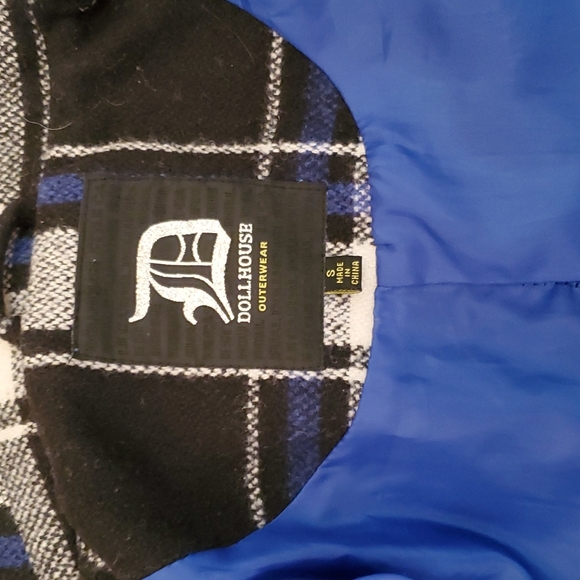 Retro 70's Pea Coat Coat Plaid Blue/Black Pockets Hood Wool Blend - Picture 6 of 11
